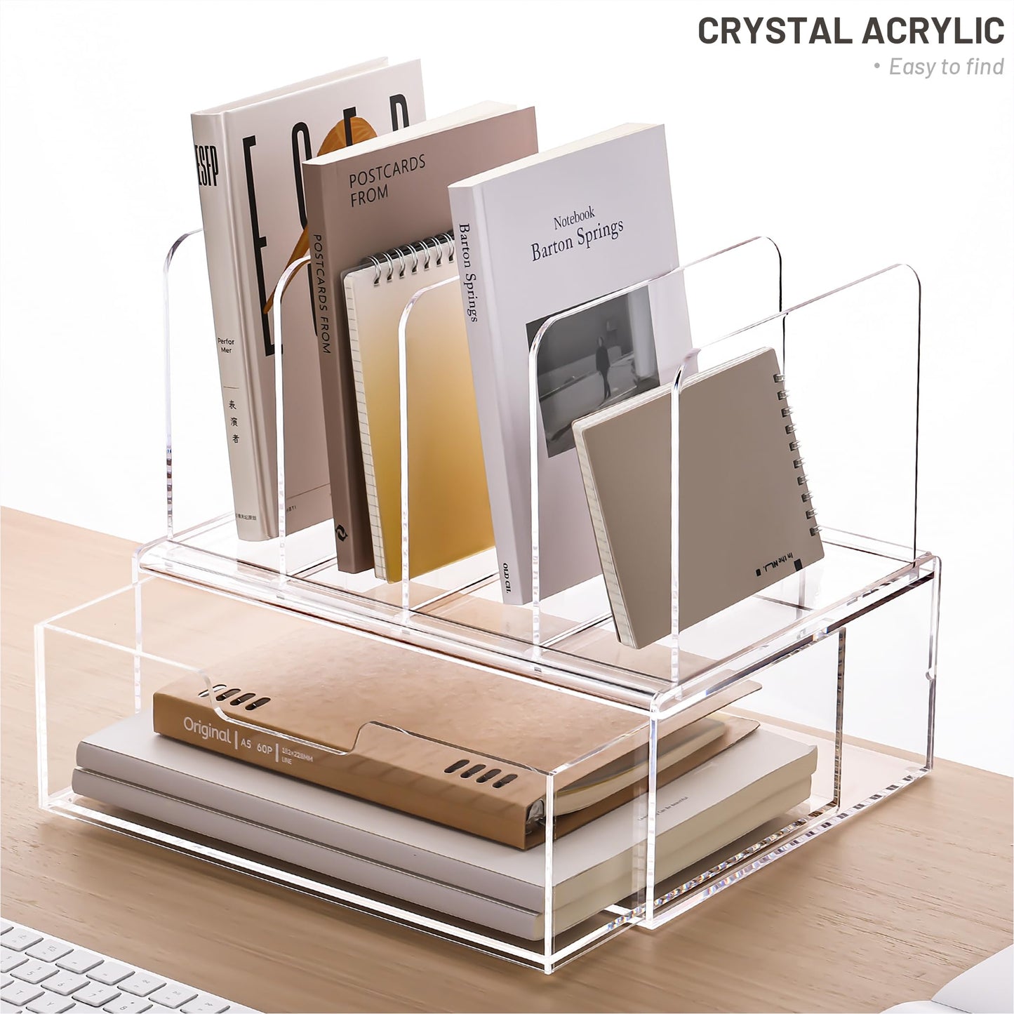 YUXUN Desk Organizer with Drawers, Acrylic File Organizer with 4 Vertical File Holders and 1 Sliding Drawer,Multifunction Desktop Accessories Storage for Home Office&School, Clear