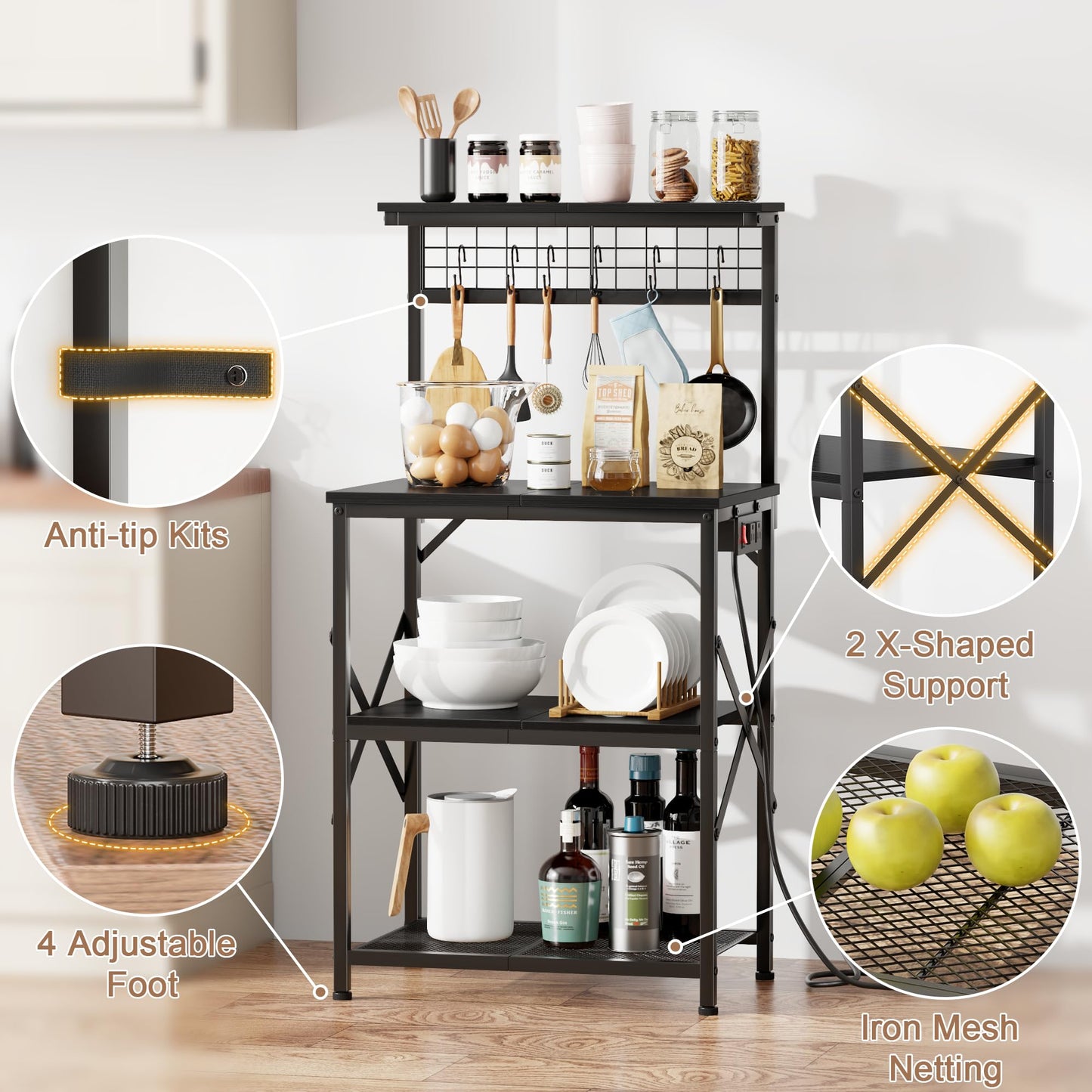 Furologee Kitchen Bakers Rack with Power Outlet, Microwave Oven Stand with Storage 4 Tiers, Coffee Bar Table with 6 S Hooks, Kitchen Storage Shelf Rack for Spices, Pots, Rustic Brown