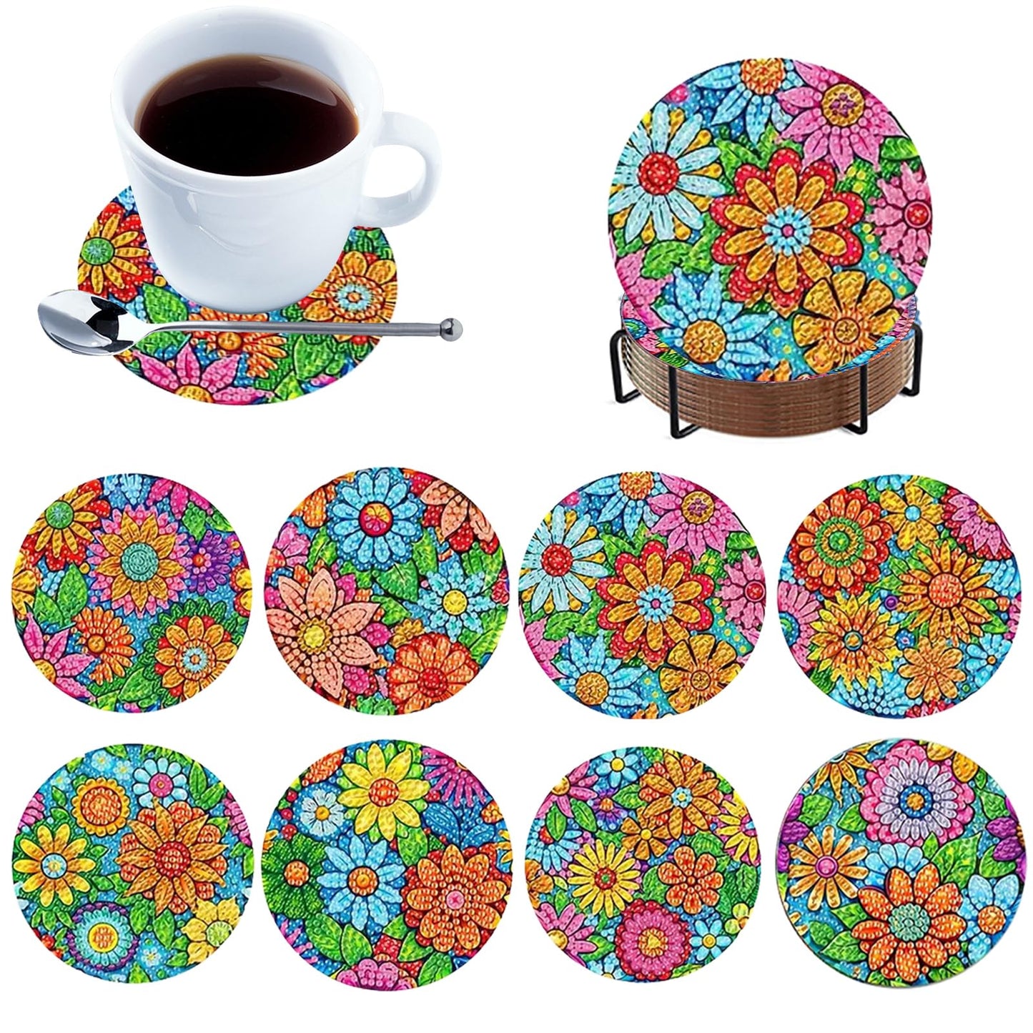 C'eitura 8Pcs Pattern DIY Diamond Art Painting Coasters Kit, Abstract Geometric Wooden Drink Coasters, Modern Home Decor Art Craft for Adults, Relaxing Gift with Holder