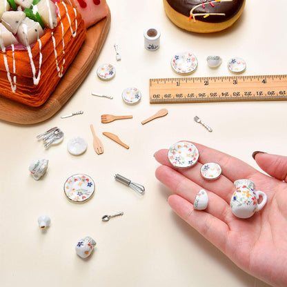 Skylety 37 Pieces 1:12 Scale Miniatures Dollhouse Kitchen Accessories Include 16 Plates Knife Fork Spoon, 6 Egg Beater Utensil, 15 Tea Cup Set(Flora Bloom)