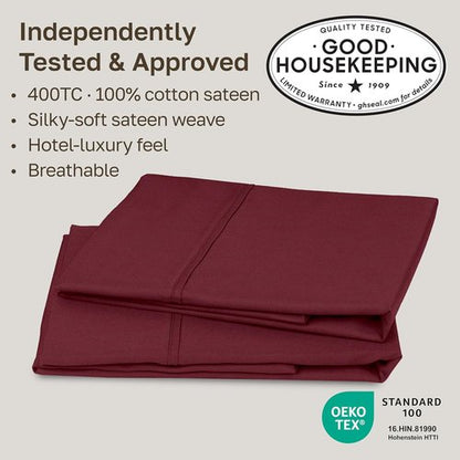 California Design Den Queen Size Pillowcase Set - 400 Thread Count, 100% Cotton Sateen, Soft & Breathable - Burgundy Red