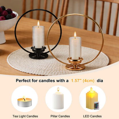 HiSnug Hurricane Candle Holders Set - Circular Metal Candlestick Holders with Glass Sleeve, 2PCS Simple Decorative Candleholder for Dining Table Centerpiece Shelf Home Decor, 2PCS, L+L, Gold
