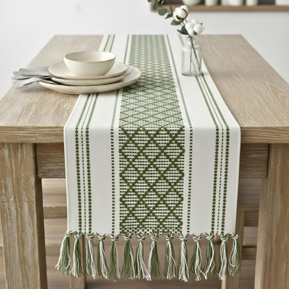 14 90 Inches, Boho Dining Table Runner with Tassels x Olive Green & Cream | Woven Washable Dresser Scarf for Bedroom |