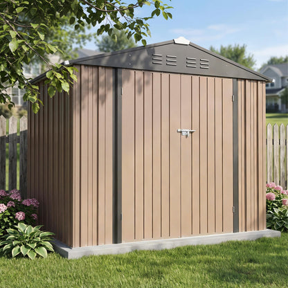 Greesum 8x6FT Outdoor Storage Shed with Base, Utility Tool Shed with Sloping Roof, Metal Storaged Garden Shed with Door & Lock for Patio Storage, Brown