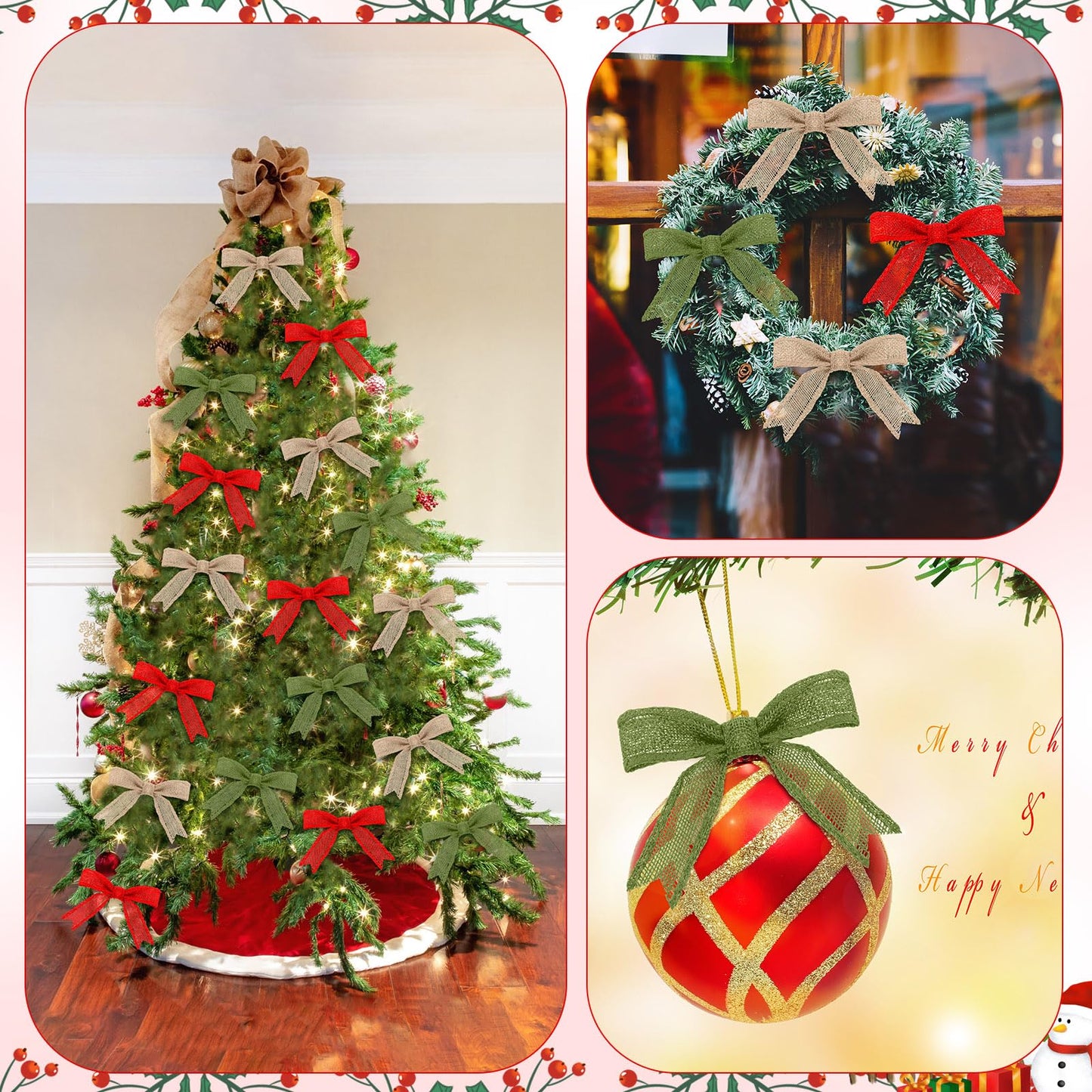 WILLBOND 6 Rolls 33 Yards Christmas Burlap Ribbon Fabric Wired Edge Green Red Natural Wrapping Ribbon Xmas Craft Farmhouse Decorative for Wreath DIY Xmas Tree Holiday Decor, 1 and 2 Inch(1'')