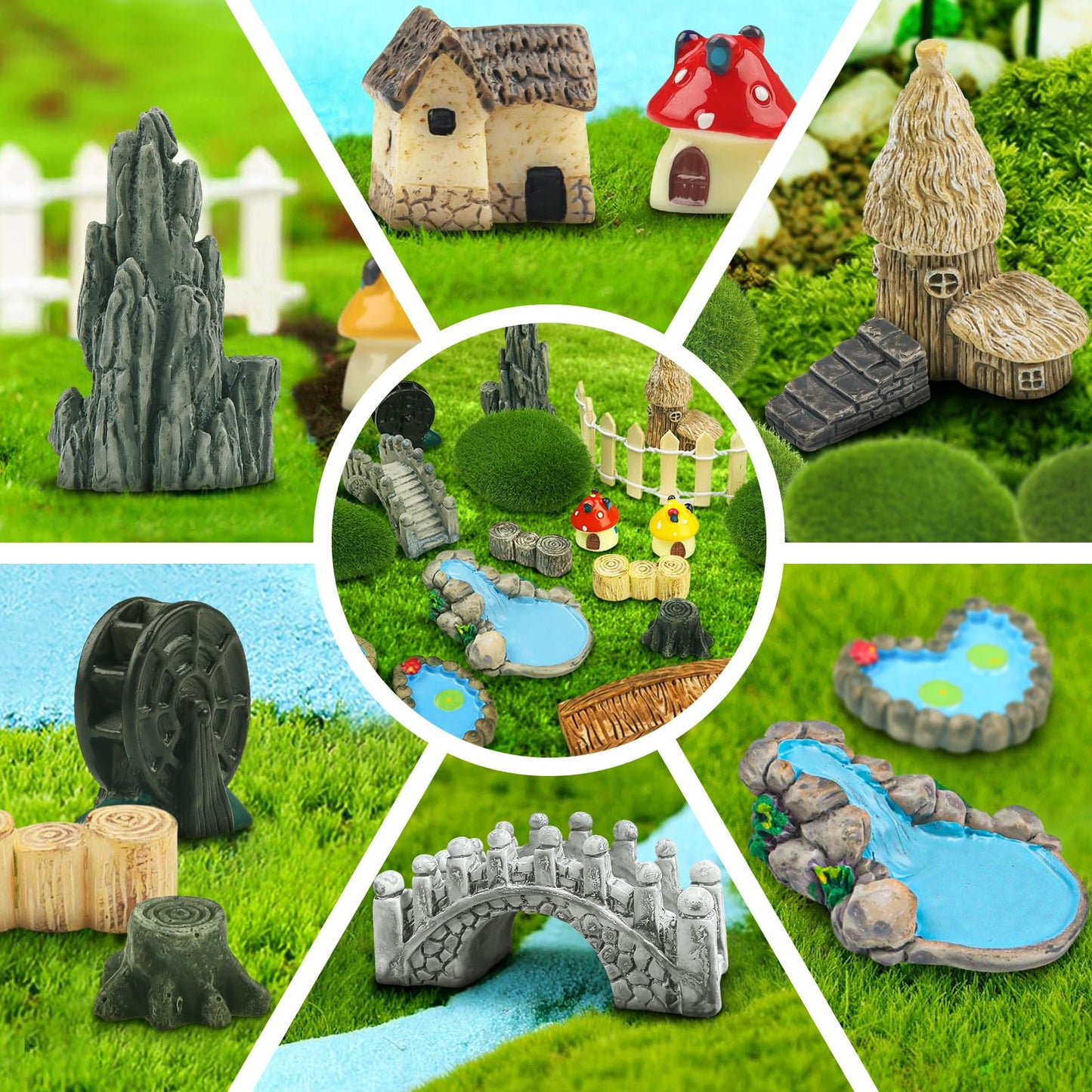 QUOZUO 21 Pcs Fairy Garden Miniatures Accessories Bridge House Landscape Water Well Fence Figurines Pond Mushroom Lawn Garden Ornament for DIY Craft Succulent Decor