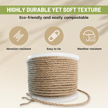 SDHUATUO Jute Twine Rope 6mm x 328ft, Natural Hemp String for Gardening, Crafting, Cat Scratching Post, DIY Crafts, Bundling, Home Decor