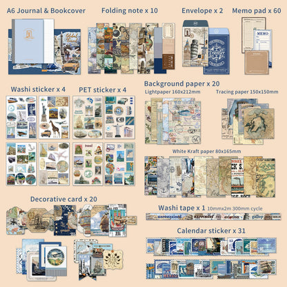 emmoolife Scrapbooking Supplies Kit, Daily Life World Travel Scrapbook Kit for Bullet Junk Journal, Stationery, A6 Grid Notebook, DIY Journaling Supplies, Birthday Craft Gift Teen Women
