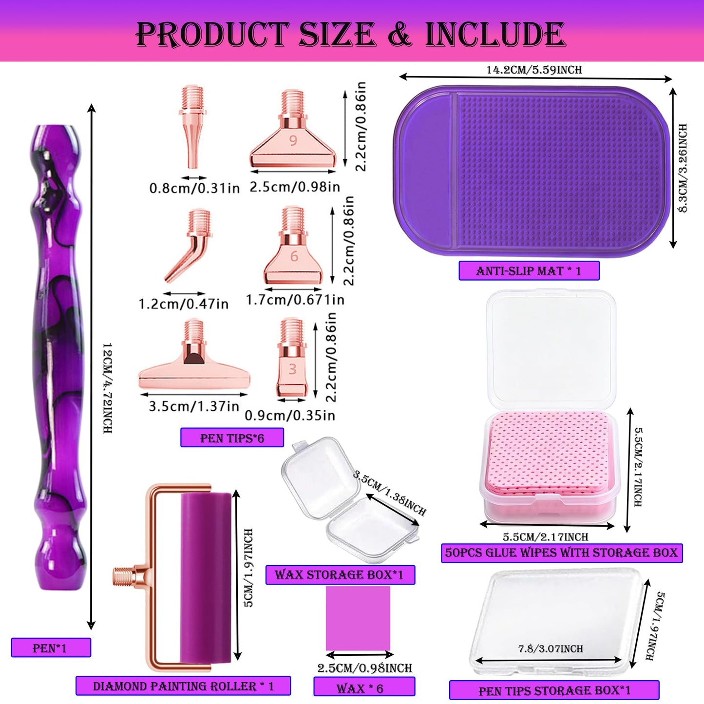 jecxucci Diamond Painting Art Drill Bead Dot Pen Kit with 6pcs Stainless Steel Tips, 6 Glue Clays, Diamond Art Roller and 50Pcs Cleaner Paper, 5D Diamond Painting Trays Sticky Pad (Purple + Rose Red)