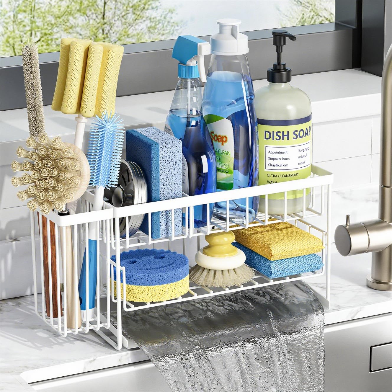 Cisily 2-Tier Kitchen Sink Caddy Organzier Rack with Flexible Dish Brush Holder, Sponge Holder for Kitchen Sink Countertop Organization Storage,Home Decor Accessories Essentials Stainless Steel