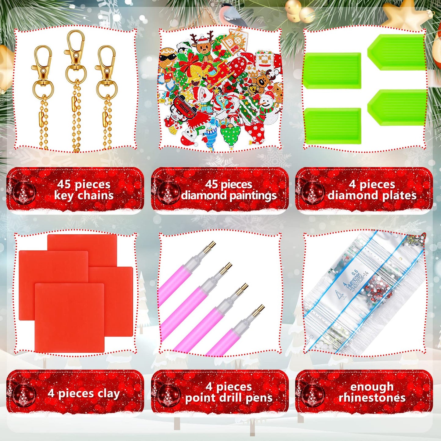 Tudomro 45 Pieces Christmas Diamond Painting Keychains Diamond Art Ornaments Key Chain Resin DIY Diamond Painting Key Ring Rhinestone Pendant Ornament Hanging Ornaments for Xmas Tree Decorations