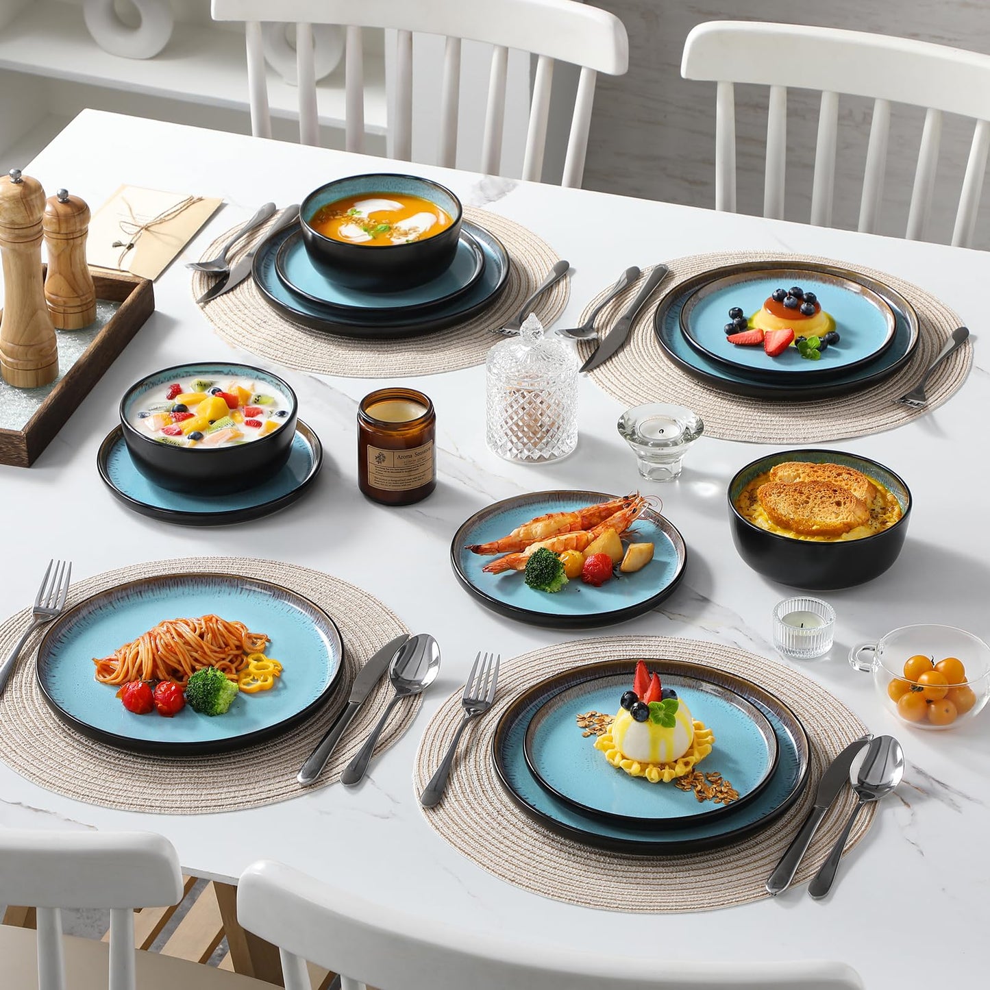 vancasso Plates and Bowls Sets, 24 Pieces Stoneware Dinnerware Sets for 8, Kitchen Dish Set Mircowave and Dishwasher Safe Ceramic Dishware, Blue, Series AMBER