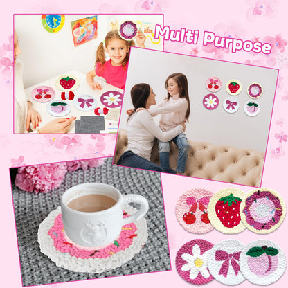 Pink Punch Needle Coaster Kit Strawberry Bow Floral Pattern Coasters Easy Punch Needle Embroidery Kit for Adults Beginner DIY Tufted Pads with Adhesive Felt Yarns Tools Embroidery Hoop Instruction
