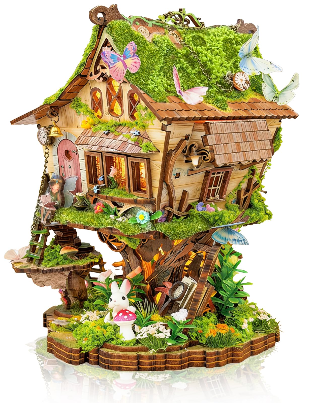 BELEEV DIY Miniature House Kit with LED Light, Fantasy Tree House Book Nook Kit for Adults, 3D Wooden Puzzle Model Building Kit, Dollhouse Bookshelf Decor, Creative Crafts Gift for Teens Adults