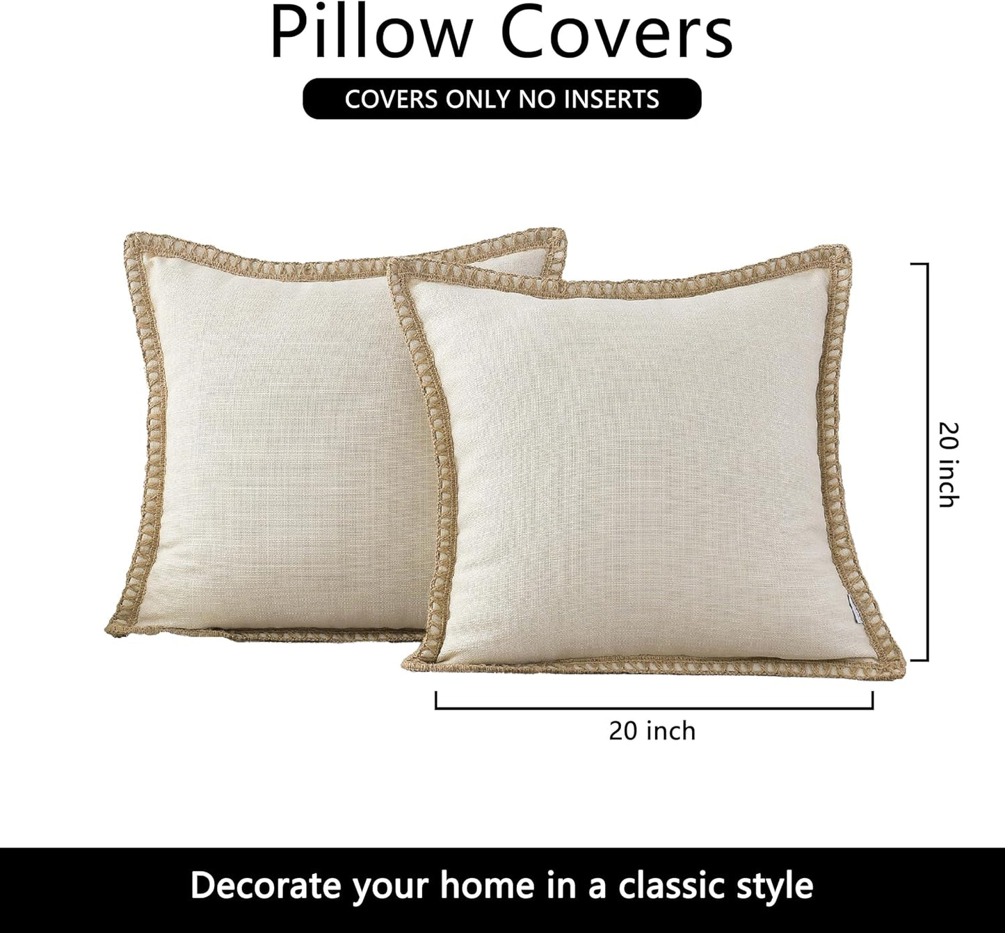 NordECO HOME Set of 2 Throw Pillow Covers, Burlap Linen Trimmed, Decorative Cushion Covers, 20 x 20