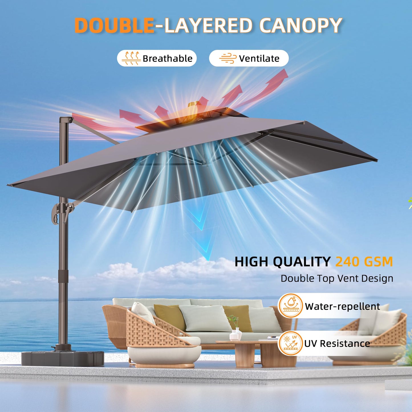 ORYNTREX 9' X 12' Cantilever Outdoor Patio Umbrellas Double Top Large Rectangle Umbrella Heavy Duty 360°Rotation Offset Umbrella for Garden Deck Pool Patio,Grey
