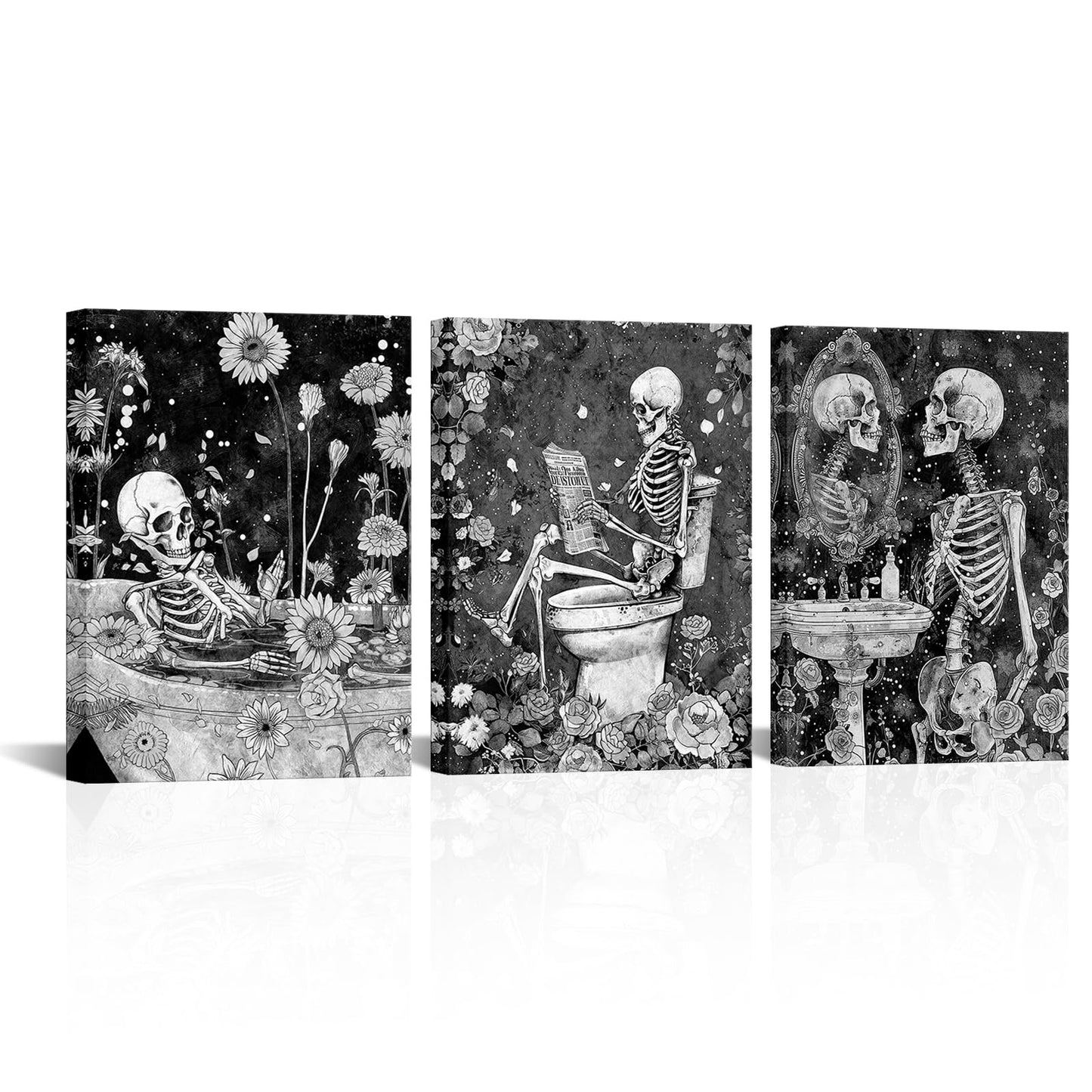 FuShvre Skeleton Bathroom Decor Moody Skeleton Wall Art Pictures for Bathroom Gothic Painting for Home Decoration Framed 12x16 inch each piece (Black)