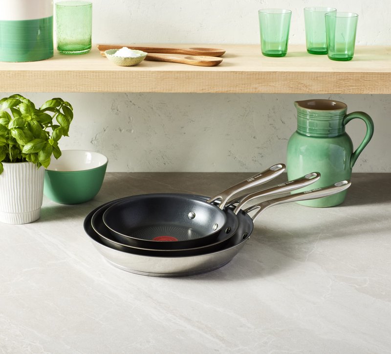 T-Fal Jamie Oliver Cooks Direct, Stainless Steel Non-stick Frying Pan 3 Pcs Set (20/24/28cm) (8/9/11 Inches) with Induction