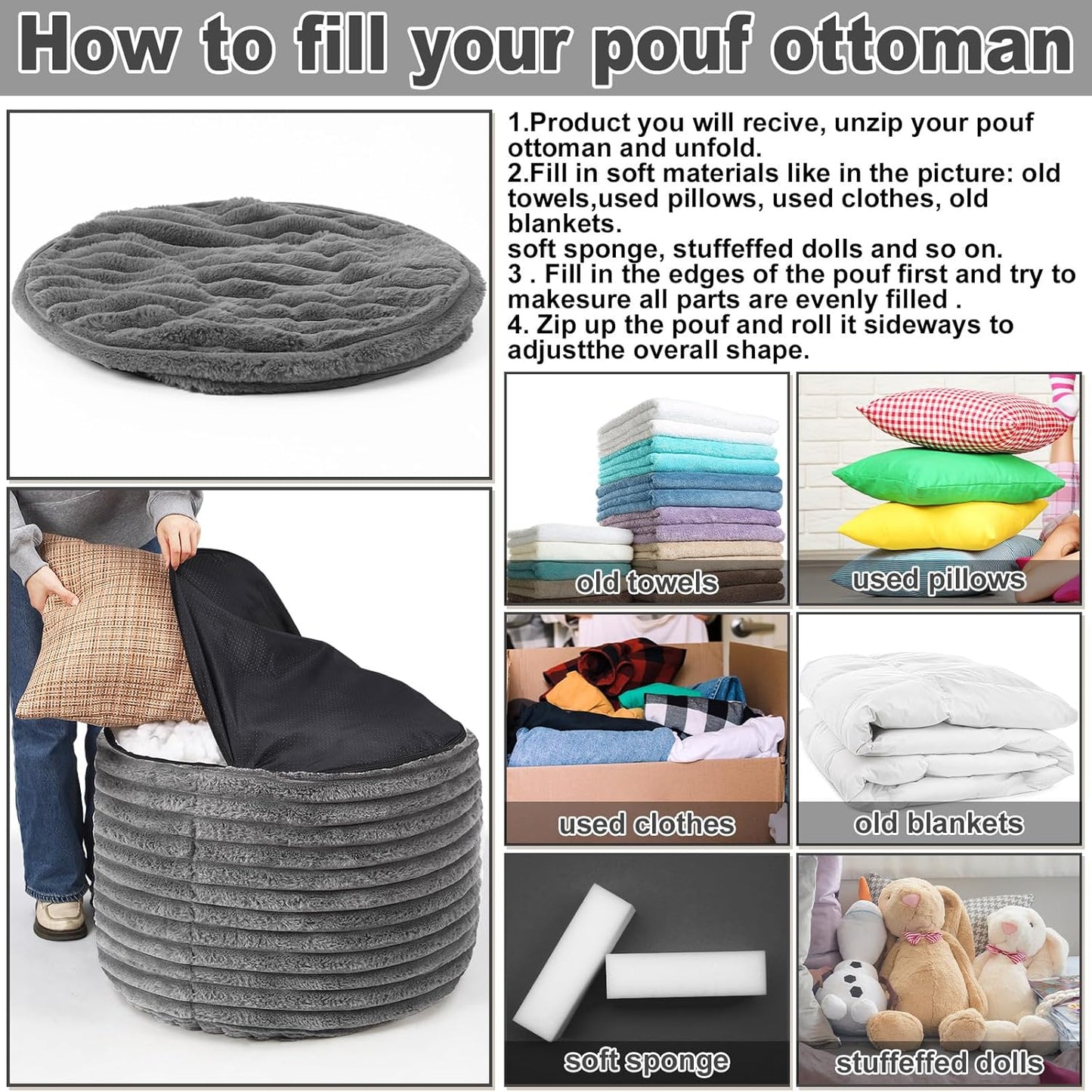 2 26 18 Inch Teenyyou Pcs x Unstuffed Pouf Cover Ottoman Foot Rest - No Filler, Faux Rabbit Fur Foot Stool Floor Bean