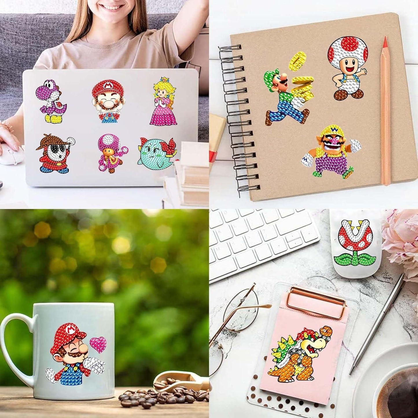 PICNICFUN Diamond Kits Stickers for Kids,24 PCS 5D DIY Cute Cartoon Characters and Animals Handmade Digital Paint Rhinestone Mosaic Sticker Making for Kids,Children Art Craft