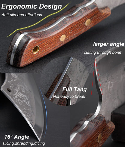 Meat Cutting Cleaver, Japanese Style Viking Kitchen Boning Knives with Sheath, Forged Butcher Deboning curved blade with Tiger Pattern, for Home and Restaurant - Premium Gift
