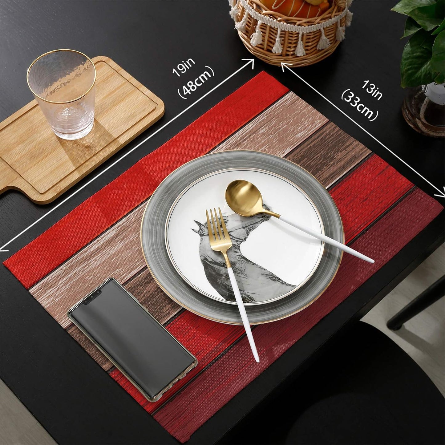 Vandarllin Christmas Red Brown Placemats, Set of 6 Retro Rustic Barn Wood Texture Stain Resistant Table Mats