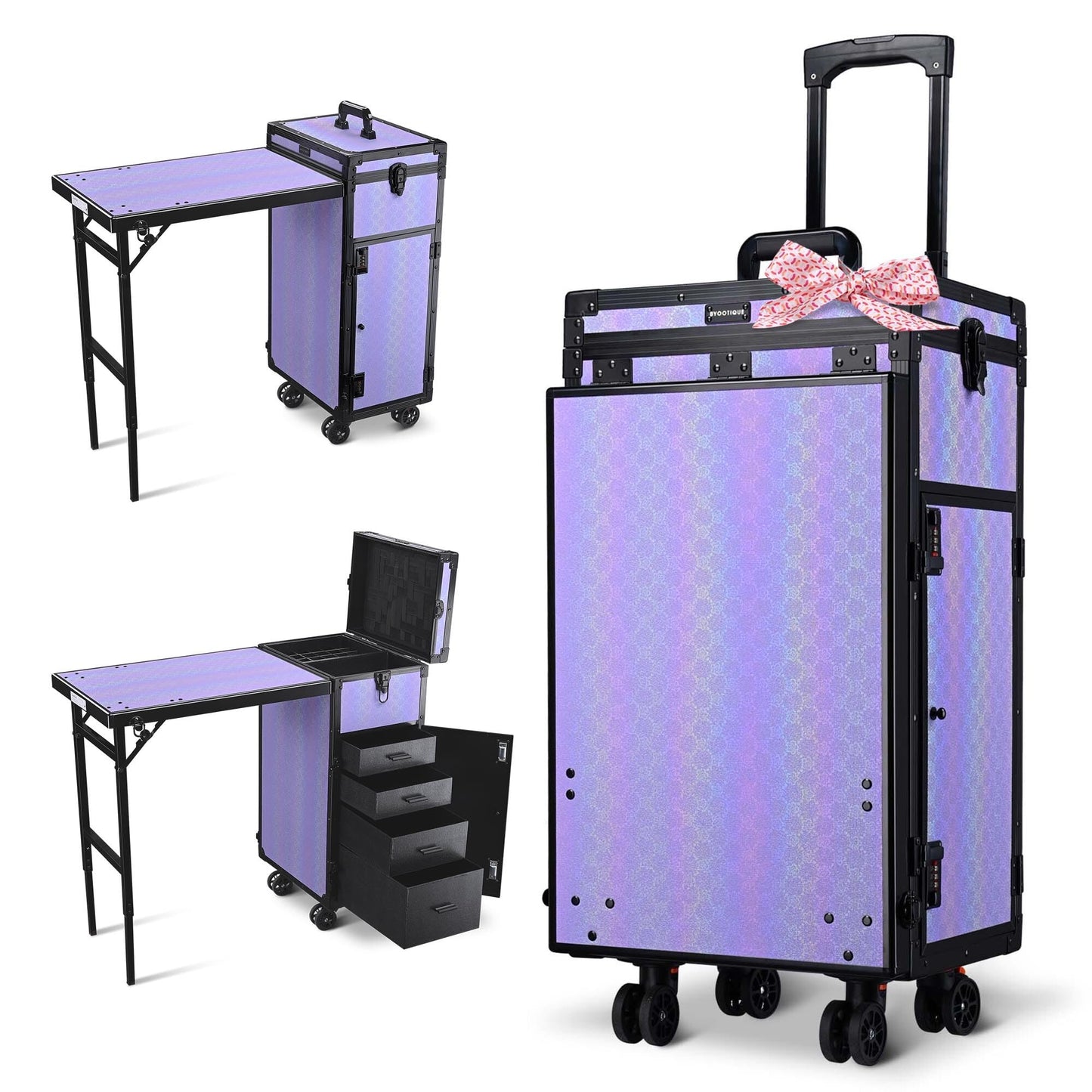 BYOOTIQUE Portable Nail Table with Storage Rolling Makeup Case with Drawers Traveling Manicure Table for Manicurist Nail Teach Makeup Artist Hairstylist Barbershop Beauty Salon, ForgetMeNot Purple