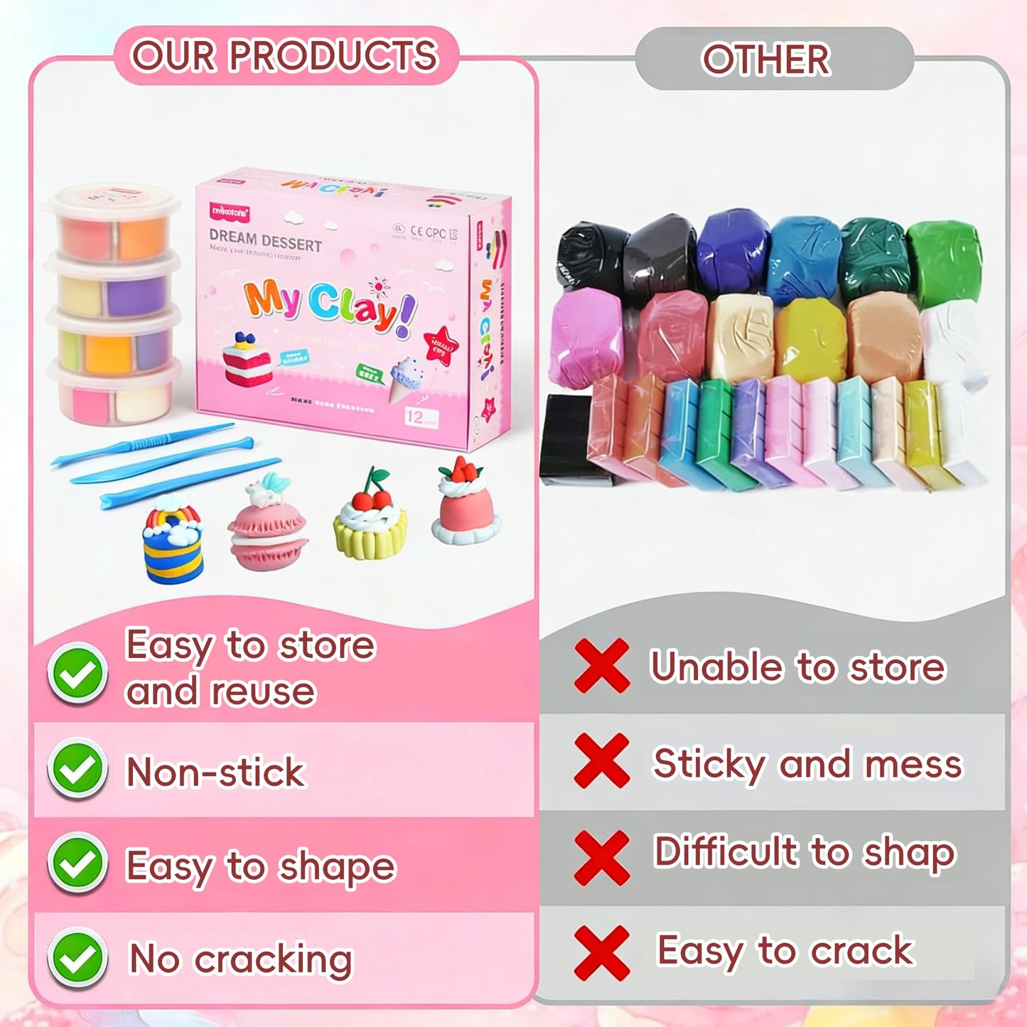 Air Dry Clay for Kids Dream Dessert Designs, Ultra Soft Safe Non-Sticky Clay Set, Play Doh Alternative Polymer Clay Kit, DIY Modeling Clay for School Projects & Party Favors, Clay for Kids Ages 4-12