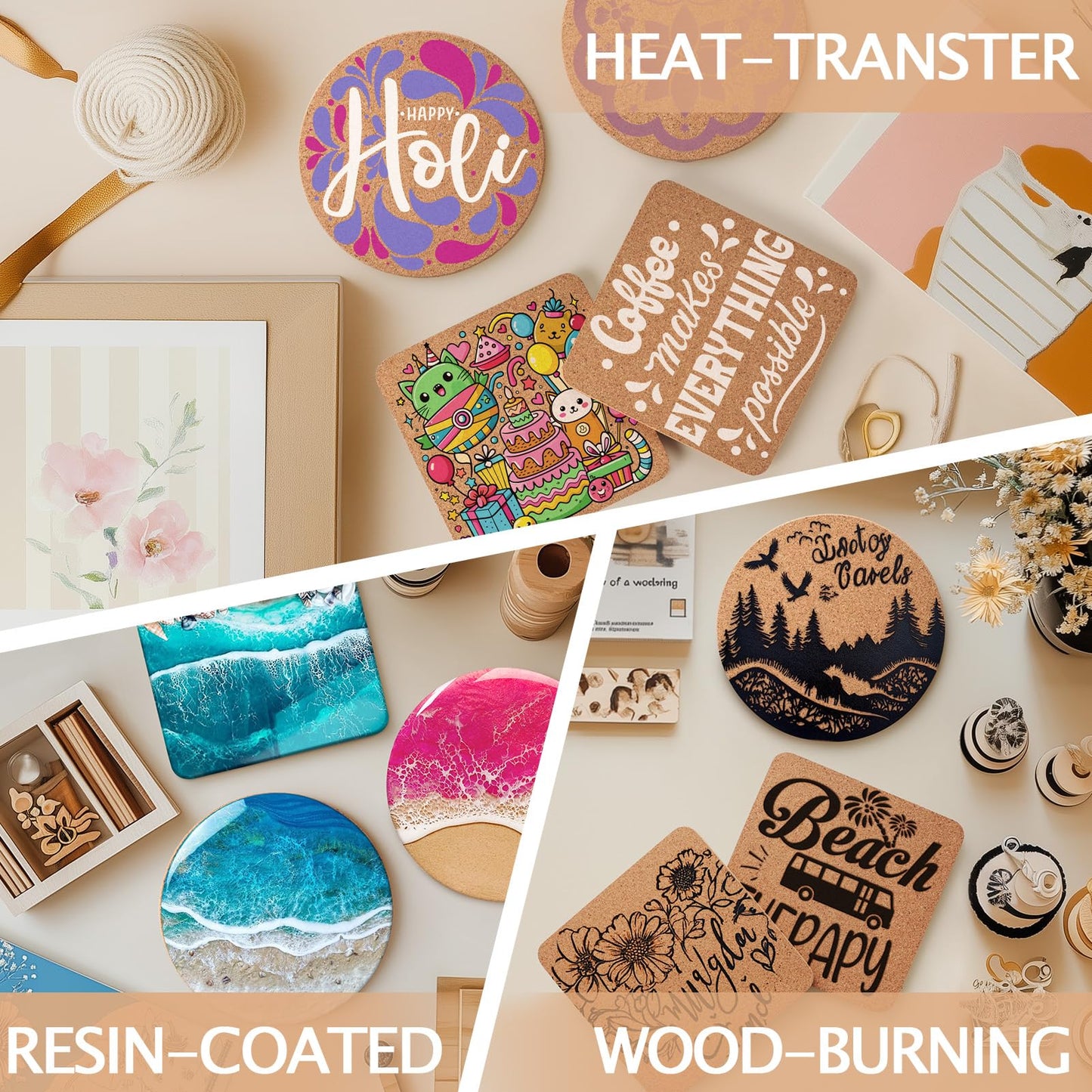 60 PCS Cork Coasters for Laser Engraving, GOH DODD Thicken Absorbent Mats Blank Coasters Bulk Tabletop Protection Plant Saucers for Drinks Wood Burning Arts Crafts DIY Resin Gifts, 4 Inch