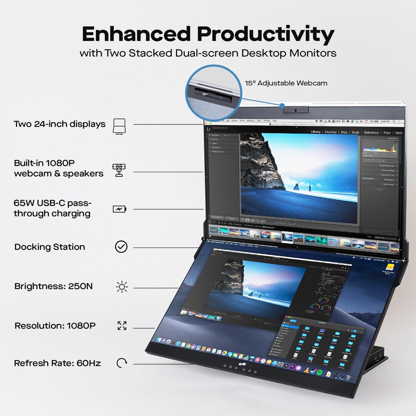 Mobile Pixels Geminos (2 x 24 inch) IPS Dual Stacked Computer Monitors with 65W USB-C Charging, 1080P Webcam&Speakers, All-Inclusive Workstation PC Monitor, USB-A/USB-C/HDMI, Ergo Design(2 Monitors)