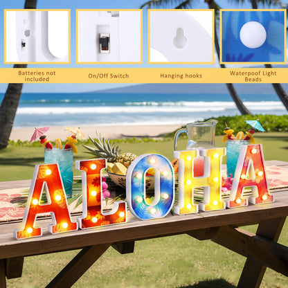 Grinsvalley Hawaiian Luau Party Decorations Aloha Light up Sign Summer Aloha LED Marquee Letter for Party Decorations Hibiscus Tropical Alphabet Letter Summer LED Lights for Wedding Night Birthday