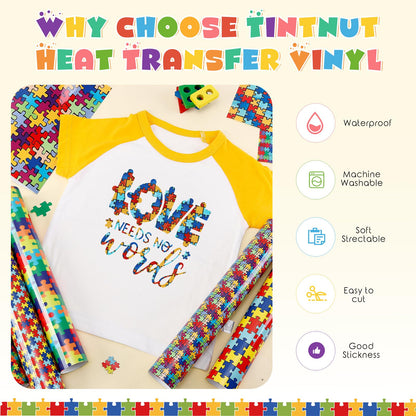 Tintnut Puzzle Pieces Heat Transfer Vinyl - 10 Sheets 10x12 Inch Autism Awareness Puzzles Craft Cutter HTV Vinyl Rainbow Color Pattern Printed Iron on Vinyl