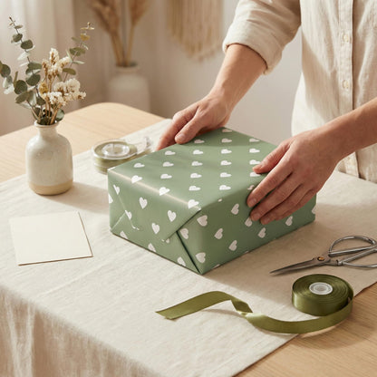 WRAPLULU Reversible Hearts Wrapping Paper Roll - 17.5" * 26 Ft. - Sage Green Gift Wrap, Perfect for Wedding, Bridal Shower, Valentines Day, Anniversary, Birthday, Baby Shower, Mother's Day