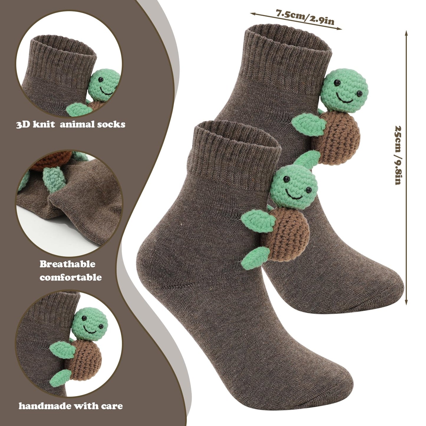 Whaline 3D Knit Animal Sock Turtle Socks Brown Funny animal Hug Cotton Socks for Holiday Christmas Party Gift Supplies, 1 Pair