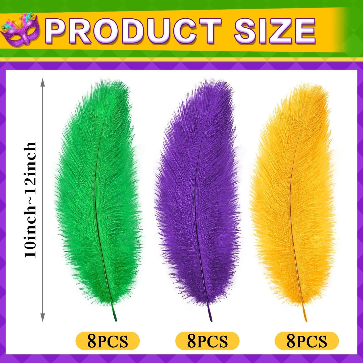 MARFOREVER 24 Pcs Mardi Gras Feathers for Crafts 10-12 Inches Natural Green Gold Purple Feathers for DIY Craft Dream Catcher Carnival Costume Mardi Gras Party Decorations Supplies