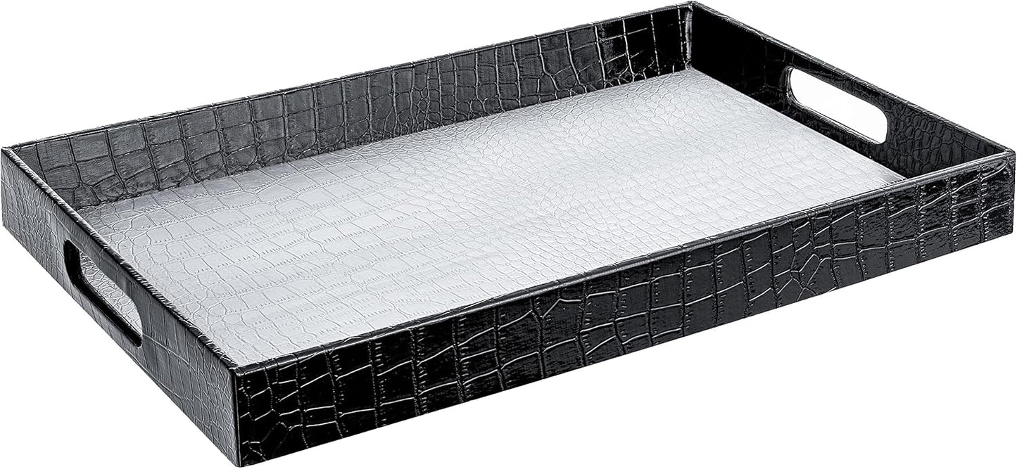 17.5"x12" Home Redefined Silver & Black Glossy Crocodile Faux Leather Serving Tray Beautiful Modern Elegant Decorative