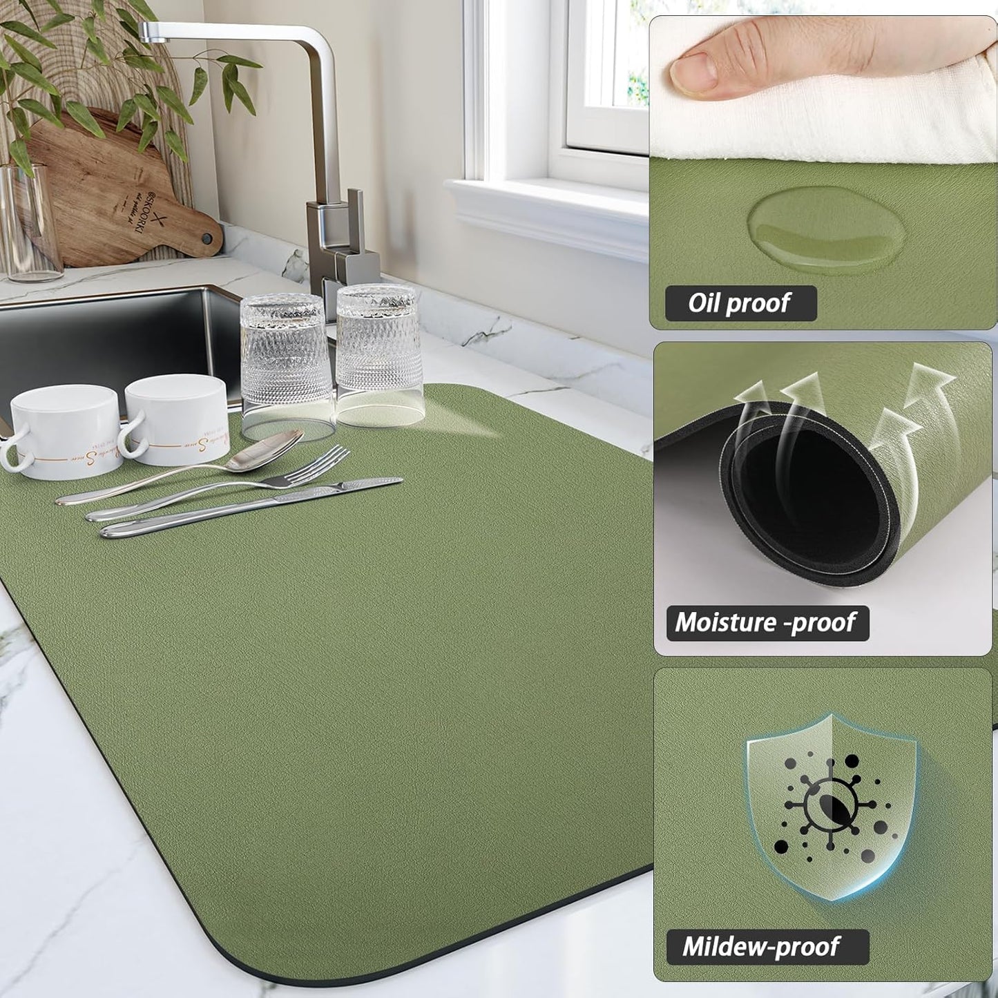 Dish Drying Mat for Kitchen Counter, Green Heat Resistant Non-slip Drainer Mats, Easy to Clean, 16"x20"