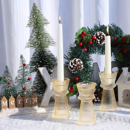 VOHO Gold Candlestick Holders for Holiday Decor, Set of 3 Ribbing Glass Taper Candle Holders Classy for Wedding Christmas Table Centerpieces, Gold Candle Holders for Candle Sticks & Tealight Candles