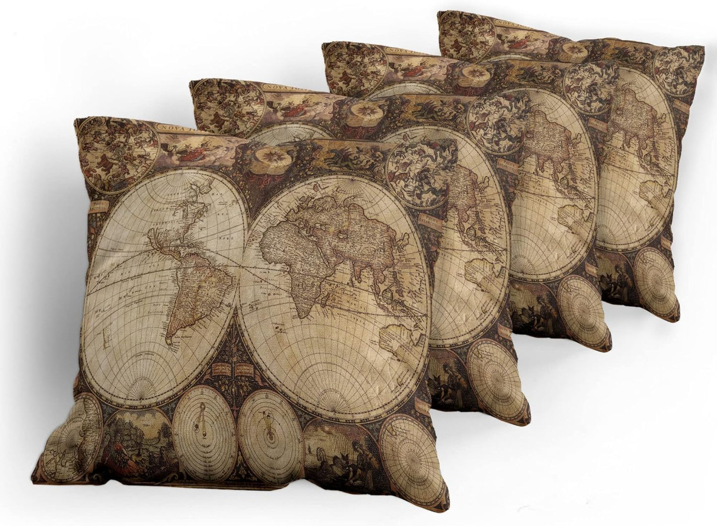 Ambesonne World Map Throw Pillow Cushion Case, Pack of 4, Vintage Design, 18", Beige Brown, Double-Sided