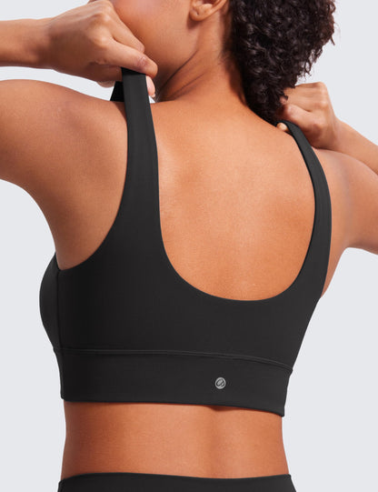 CRZ YOGA Butterluxe Womens U Back Sports Bra - Scoop Neck Padded Low Impact Yoga Clothes Workout Crop Top with Built in Pads Black Small