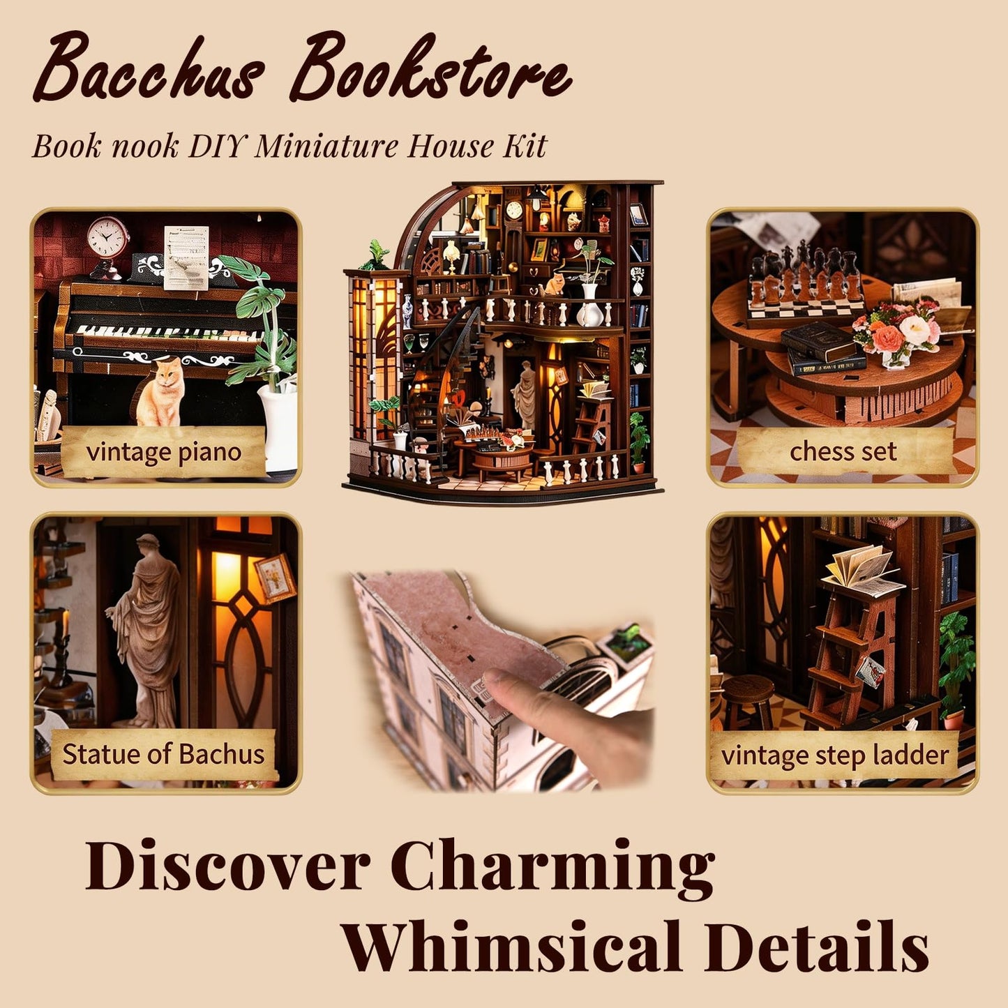 DolphinIsle Book Nook Kit for Adults Booknook DIY Miniature House Kit Library Decor Fantasy 3D Puzzle (Bacchus Bookstore)