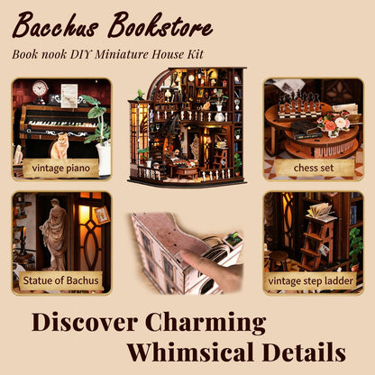 DolphinIsle Book Nook Kit for Adults Booknook DIY Miniature House Kit Library Decor Fantasy 3D Puzzle (Bacchus Bookstore)