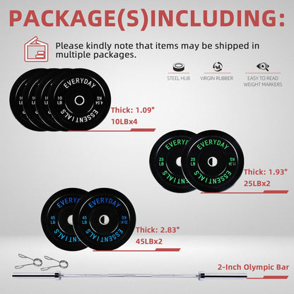 Fitvids 2-Inch Olympic Bumper Weight Plates Set Including 180 LB Weight Plates & 7FT Olympic Barbell Bar, Black
