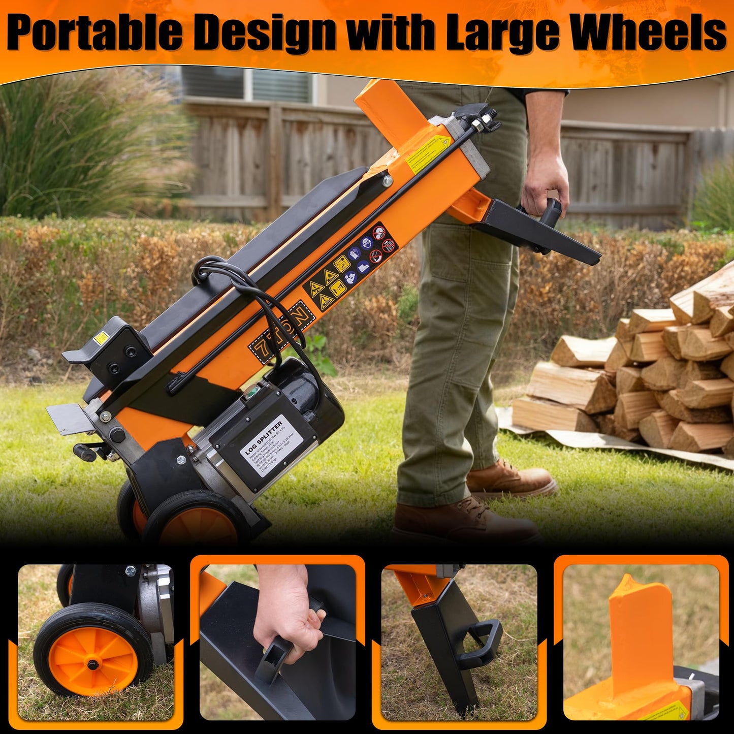 PPOLB 7 Ton Electric Wood Splitter, 15Amp Hydraulic Log Splitter, Portable Electric Log Splitter for Firewood, Compact Horizontal Wood Splitter for Backyard, Garage, Cabin - Orange