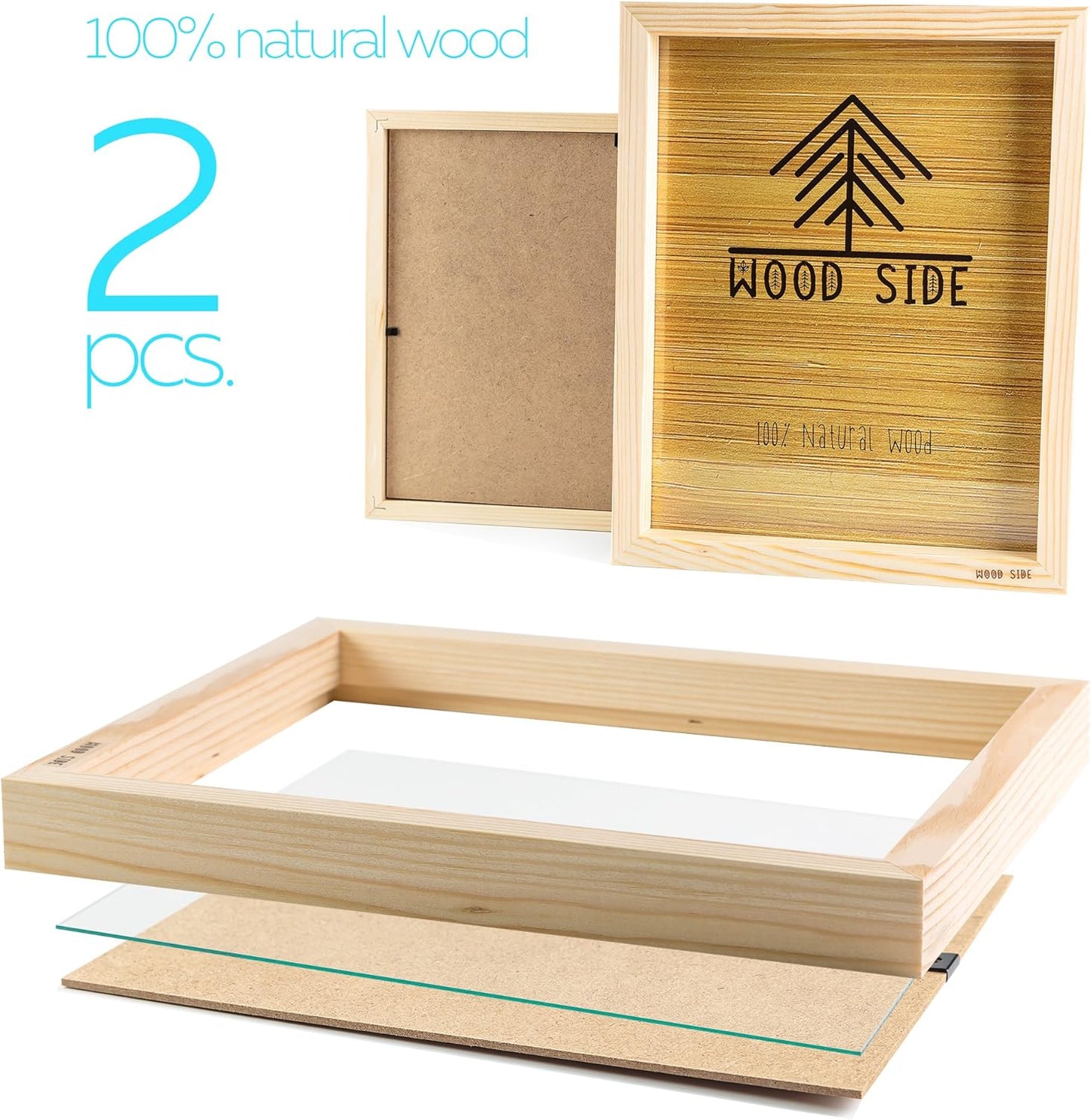 Wooden Picture Frames 8x10 Inch Set of 2, 100% Eco Unfinished Wood with Real Glass