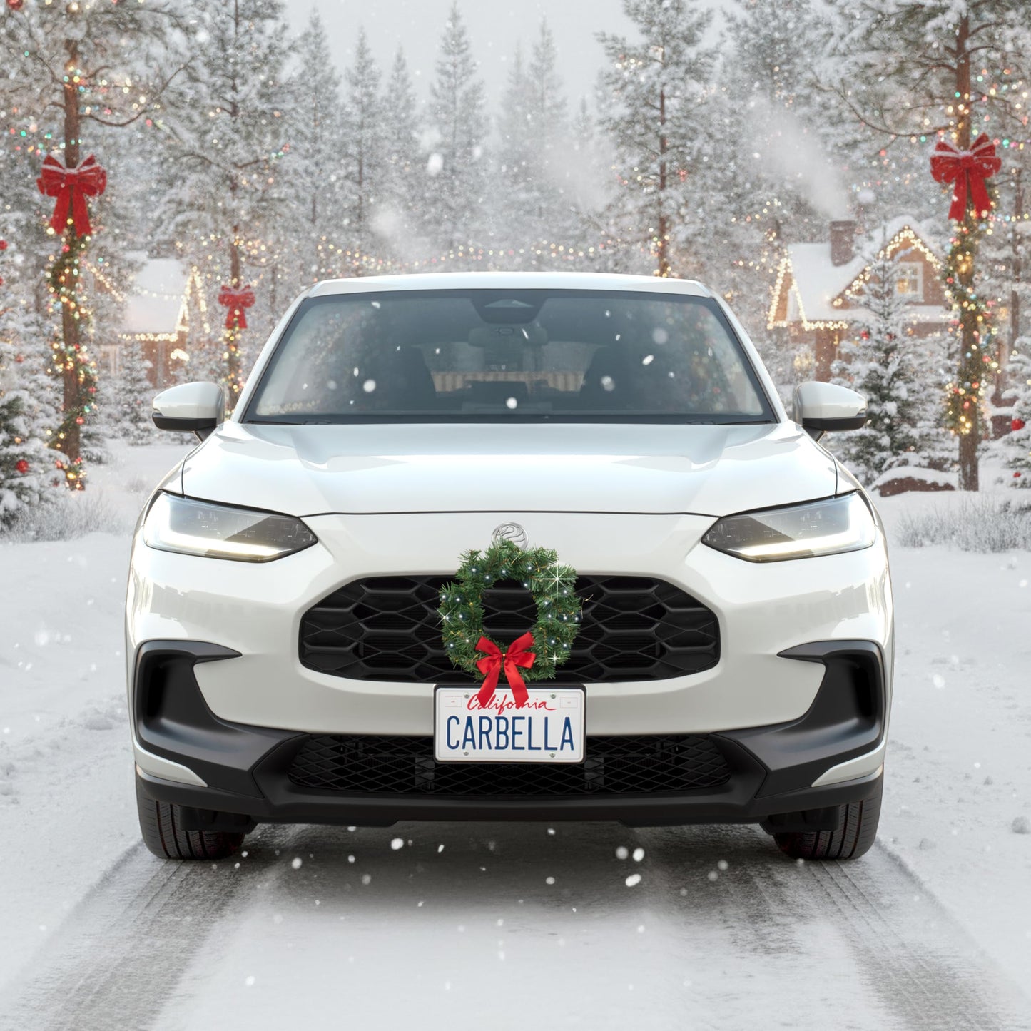Carbella Christmas Wreath for Car Truck SUV Van, LED Light Up with Red Bow Decoration Ornament Mount Xmas Artificial Pine Water-Proof Winter Holiday Wreath Mounting Hardware Included (11" x 11")