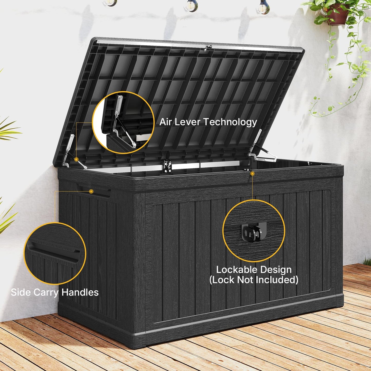 Skepphlay 230 Gallon Deck Box, Outdoor Storage Box Waterproof and UV Resistant, Patio Storage Box Lockable Large, 440 lbs Load Capacity for Garden, Patio, Pool (Black)