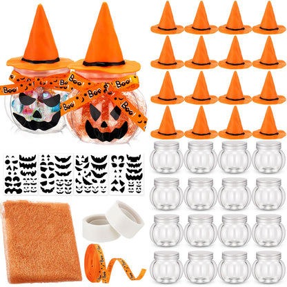 Acellegic 16 Sets Halloween Pumpkin Candy Jars Halloween DIY Craft Pumpkin Party Favors Trick or Treat Kit Plastic Cookie Candy Jars with Lids Witch Hat Stickers Mesh Ribbon Glue Decoration(Orange)