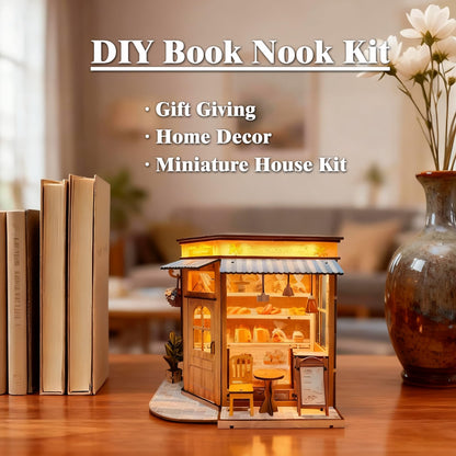 Joibabe DIY Miniature House - LED Lighting Book Nook Kit Dollhouse Kit for Adults and Teens, Book Nook Tiny House Bookshelf 3D Wooden Puzzle, Gifts for Family Friends (Bakery)