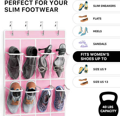 24 (64'' 19'') Simple Houseware Pockets - Crystal Clear Over The Door Hanging Shoe Organizer, Pink x